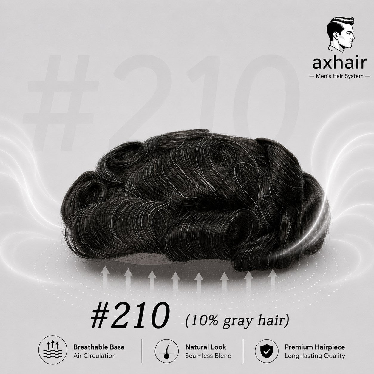 Men's toupee hairpiece, dark black wavy curls, #210 (10% gray hair)